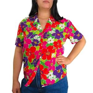 1990s Vintage Liz Claiborne Vibrant Multicolor Floral Button Down Blouse Small